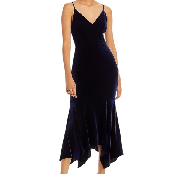 NWT AQUA Blue Sleeveless Mermaid Silhouette Back Zip Midi Velvet Dress Size 8 - Picture 4 of 5